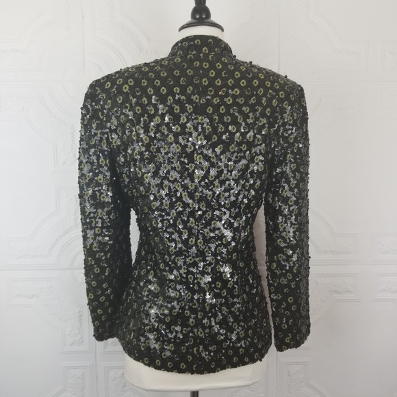 Black Sequin Beaded Evening Jacket Sequin Cocktail Blazer Gold Flower Accents S - Picture 6 of 9